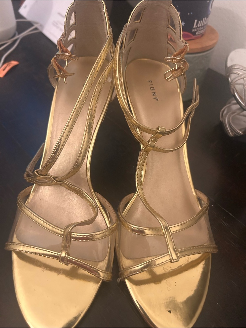 FIONI Clothing Gold Strappy T‑Strap Heels